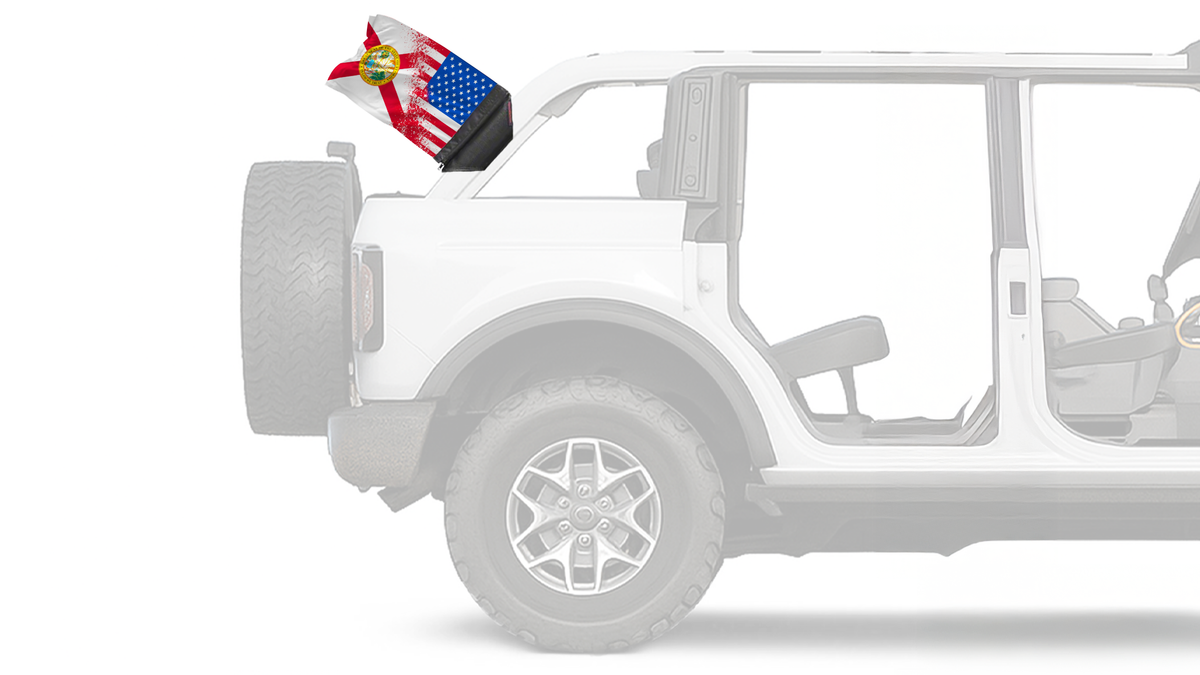 State Flag Florida USA Forever Wave flag mounted on a Ford Bronco roll bar