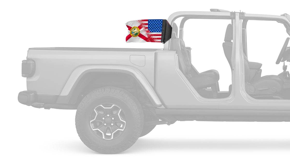 State Flag Florida USA Forever Wave flag mounted on a Jeep Gladiator roll bar sleeve