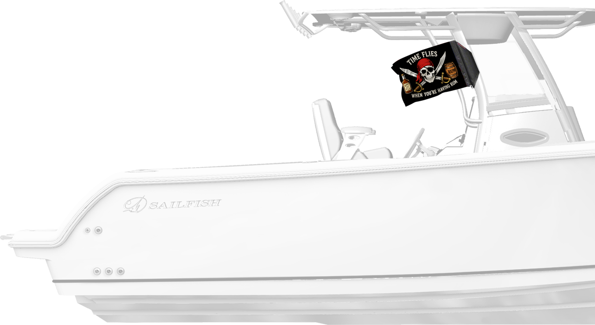 Time Flies Forever Wave flag mounted on a boat T-top