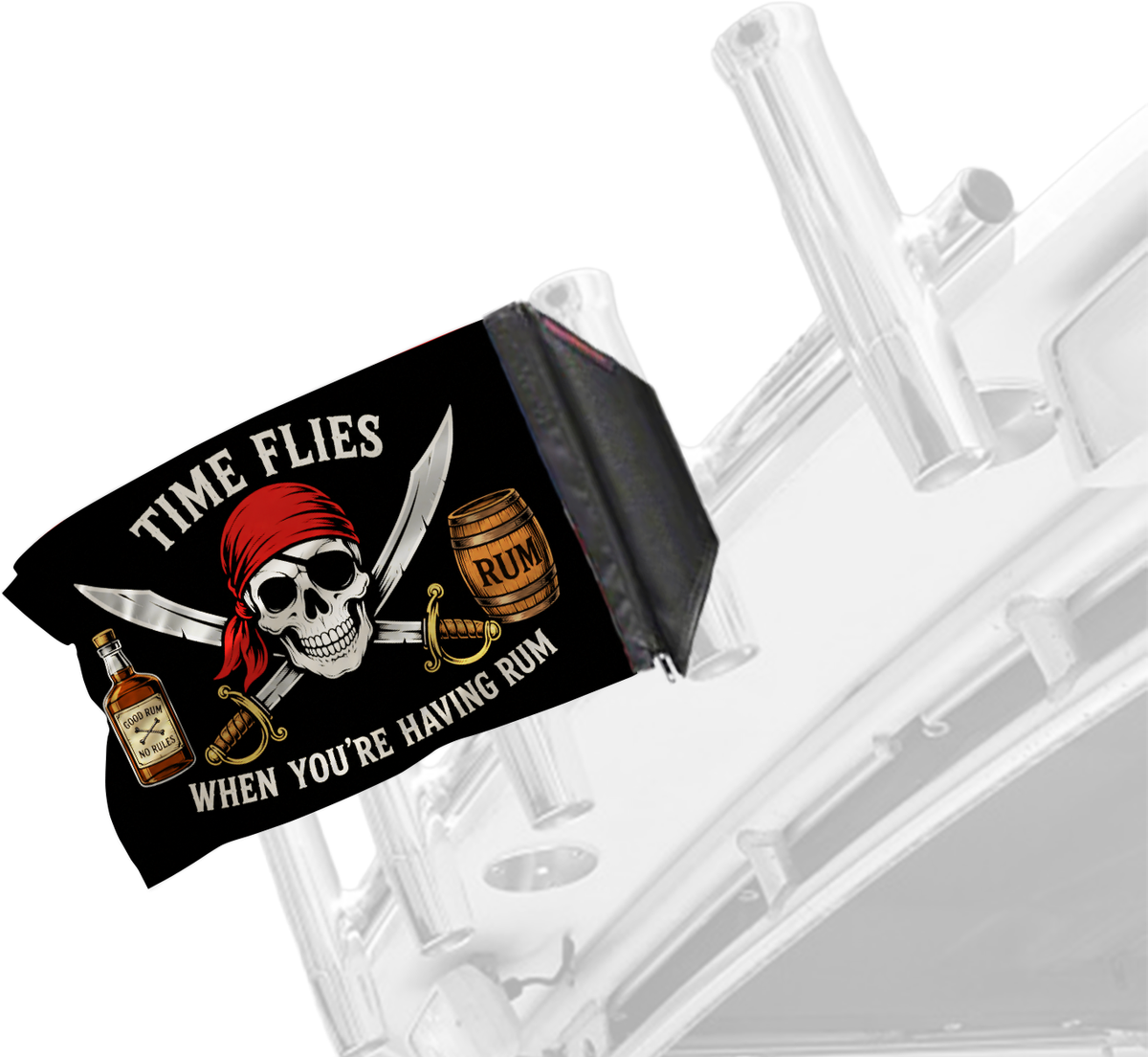 Time Flies Forever Wave flag mounted on a boat rod holder