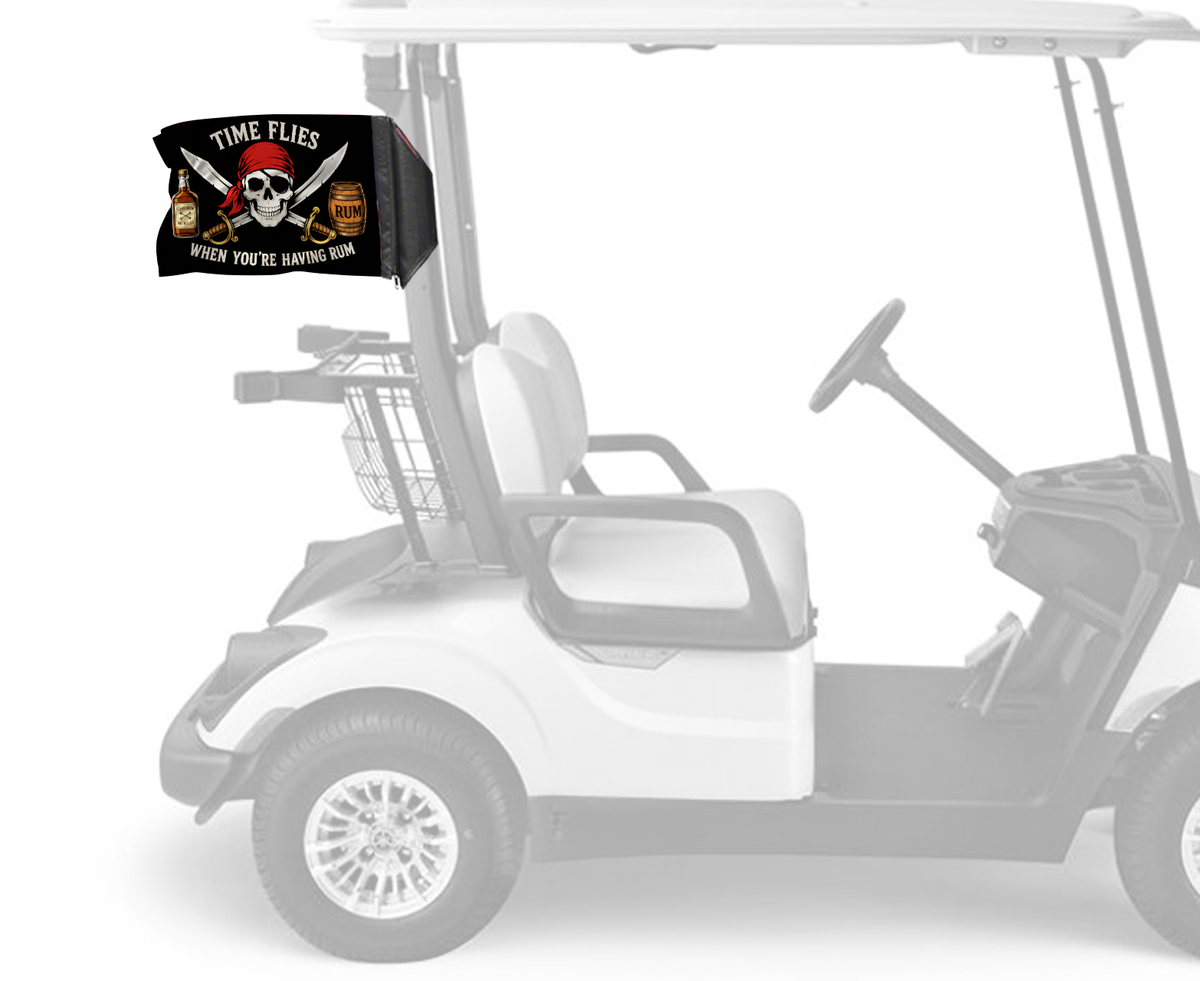 Time Flies Forever Wave flag mounted on a golf cart