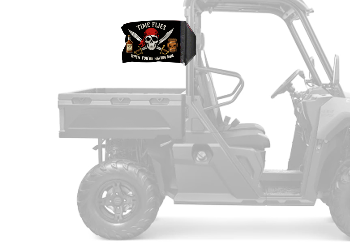 Time Flies Forever Wave flag mounted on a UTV