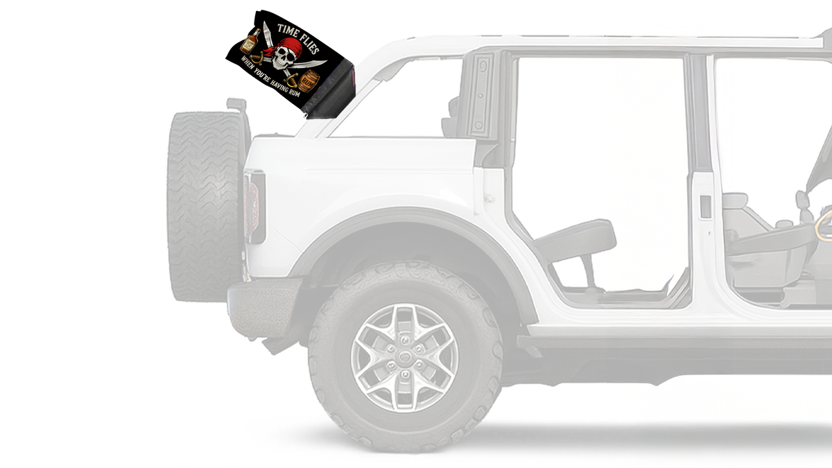 Time Flies Forever Wave flag mounted on a Ford Bronco roll bar