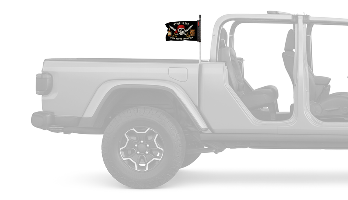 Time Flies Forever Wave flag mounted on a Jeep Gladiator antenna