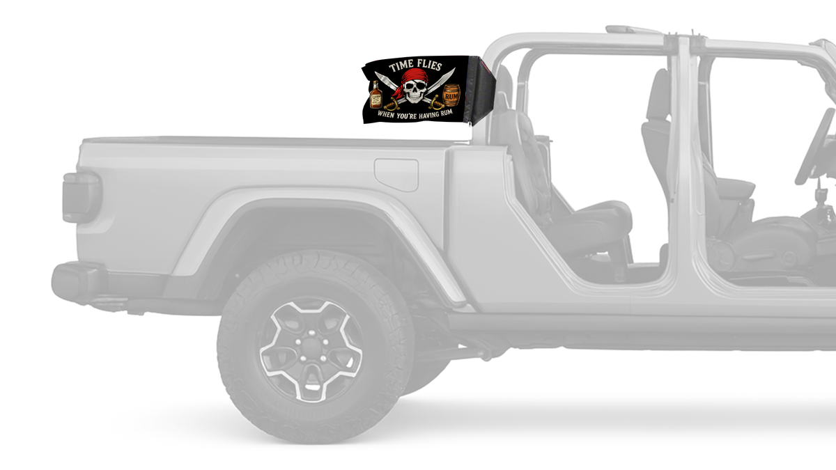 Time Flies Forever Wave flag mounted on a Jeep Gladiator roll bar sleeve