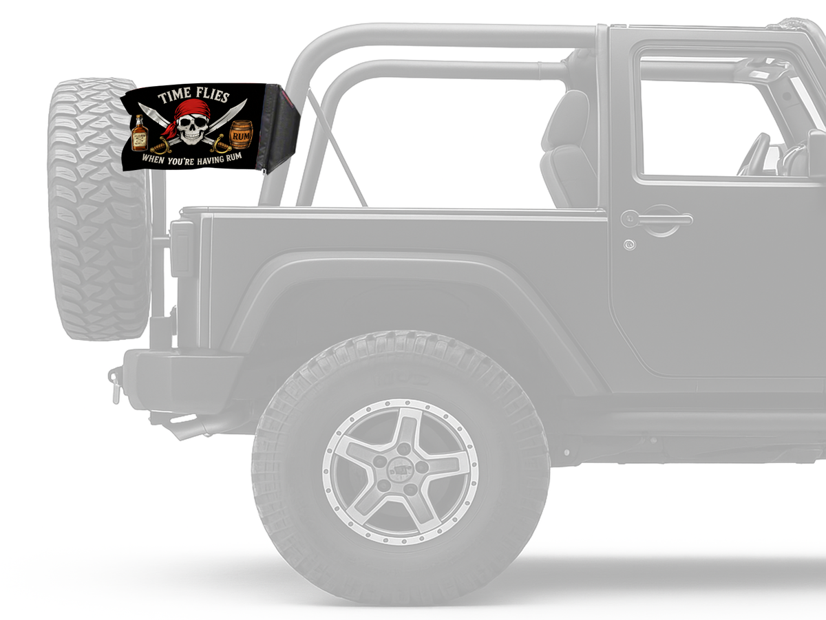 Time Flies Forever Wave flag mounted on an unpadded Jeep roll bar