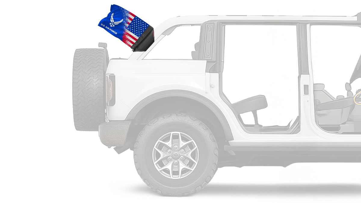 USA Air Force Forever Wave flag mounted on a Ford Bronco roll bar