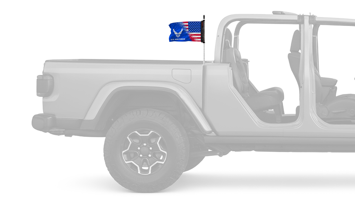 USA Air Force Forever Wave flag mounted on a Jeep Gladiator antenna