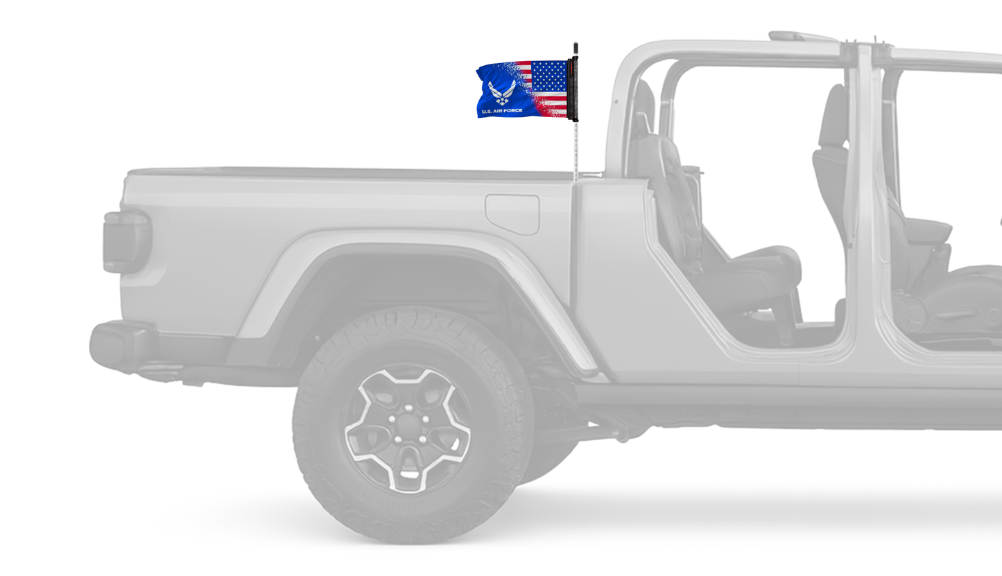 USA Air Force Forever Wave flag mounted on a Jeep Gladiator antenna