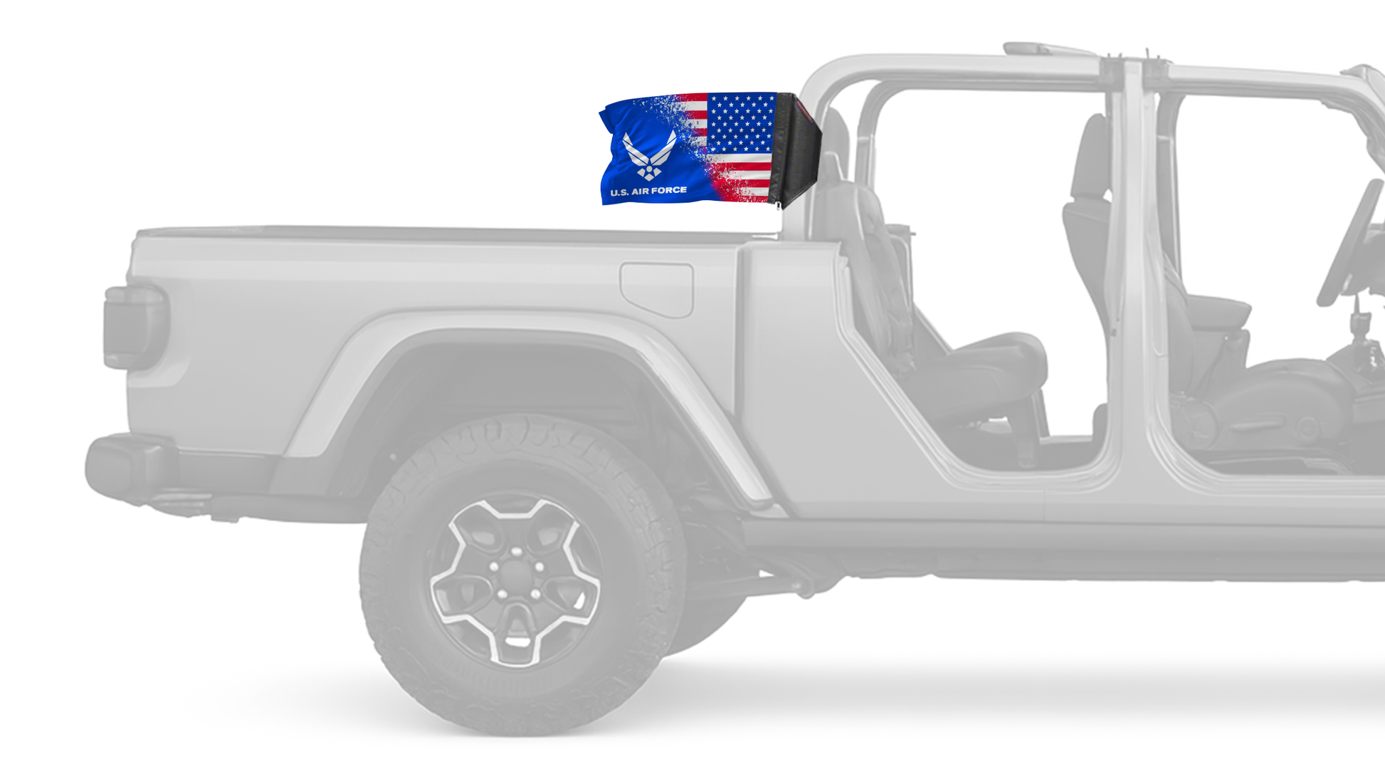 USA Air Force Forever Wave flag mounted on a Jeep Gladiator roll bar sleeve
