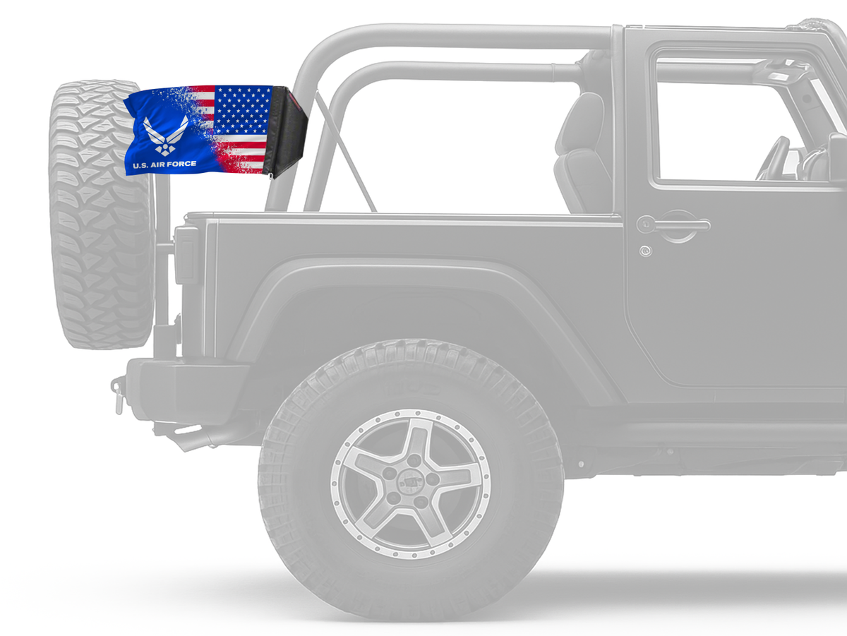 USA Air Force Forever Wave flag mounted on an unpadded Jeep roll bar
