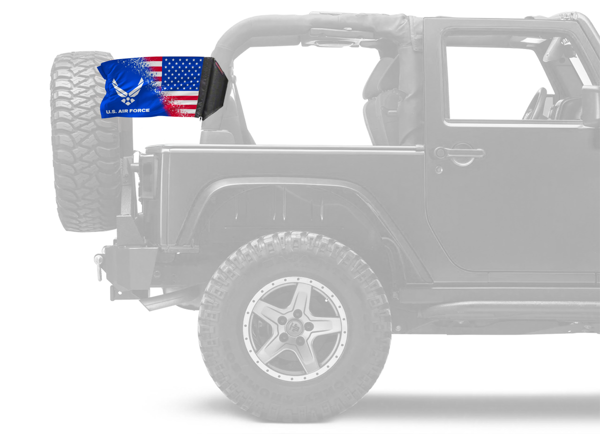 USA Air Force Forever Wave flag mounted on a padded Jeep roll bar