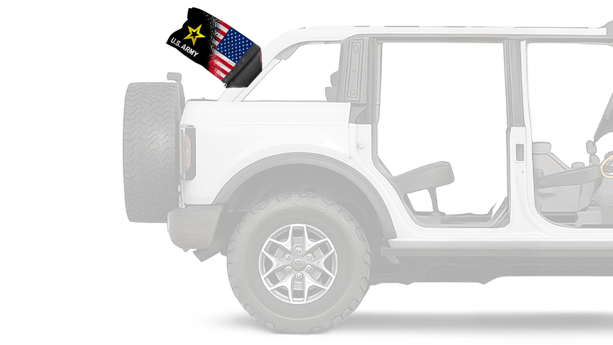 USA Army Forever Wave flag mounted on a Ford Bronco roll bar