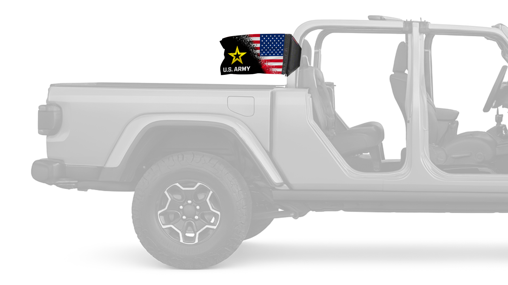 USA Army Forever Wave flag mounted on a Jeep Gladiator roll bar sleeve
