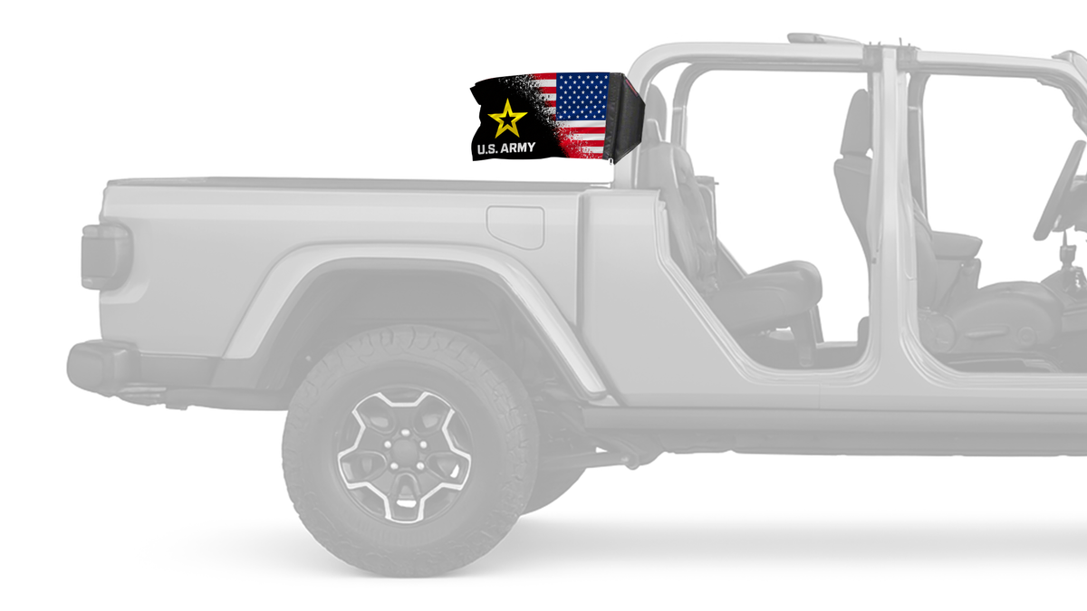 USA Army Forever Wave flag mounted on a Jeep Gladiator roll bar sleeve