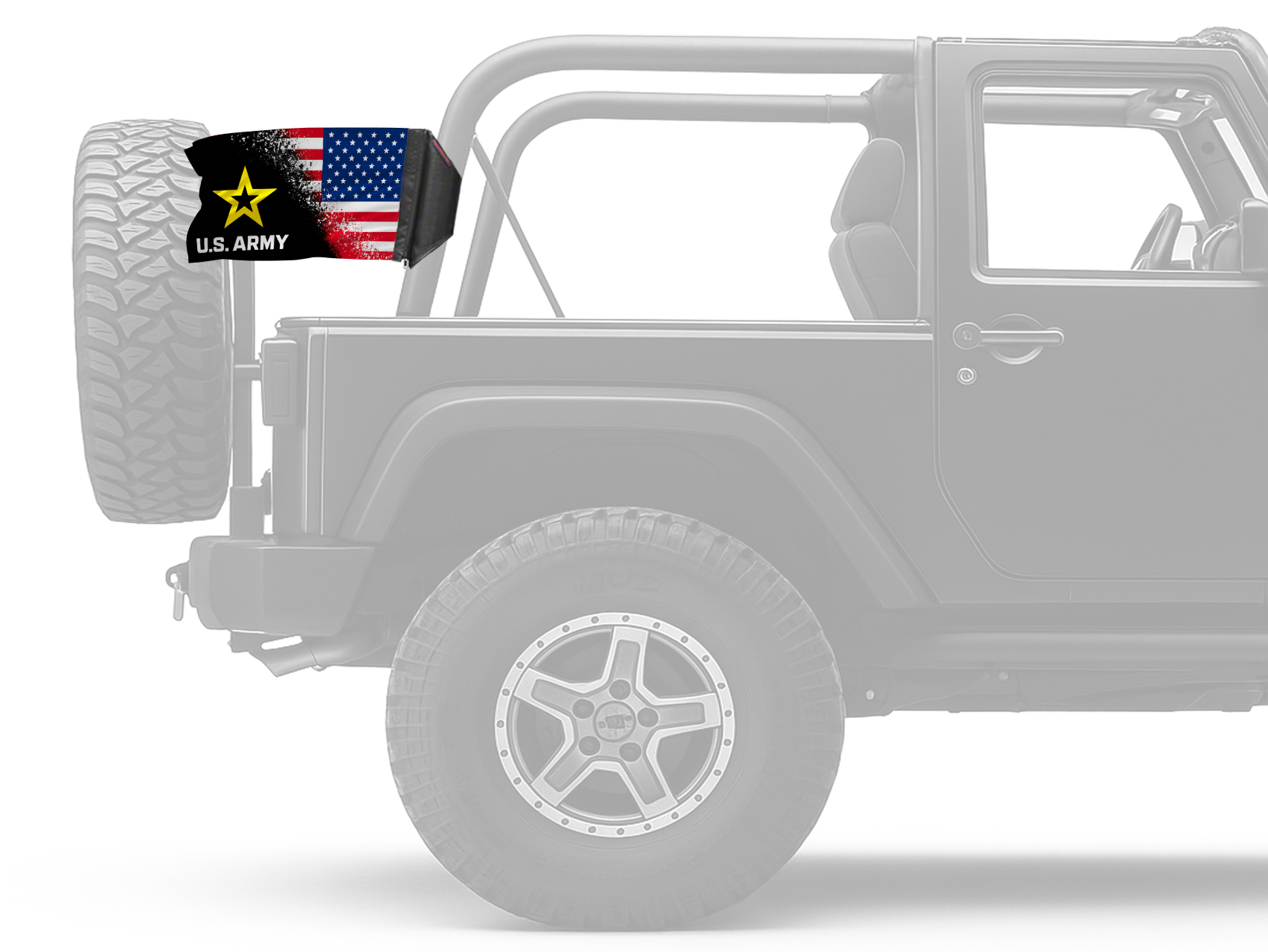 USA Army Forever Wave flag mounted on an unpadded Jeep roll bar