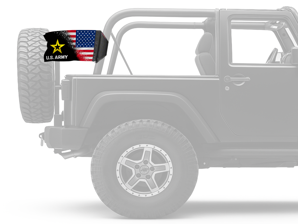 USA Army Forever Wave flag mounted on an unpadded Jeep roll bar