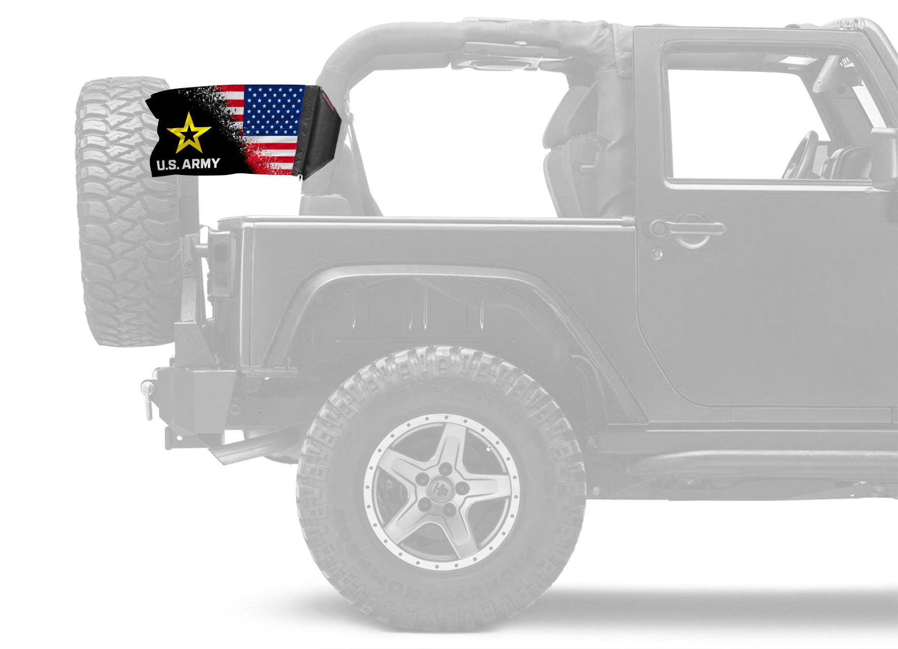 USA Army Forever Wave flag mounted on a padded Jeep roll bar