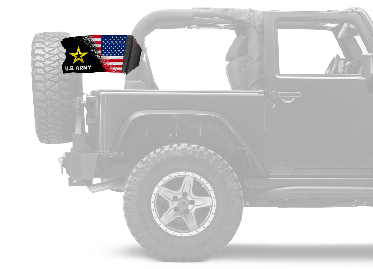 USA Army Forever Wave flag mounted on a padded Jeep roll bar