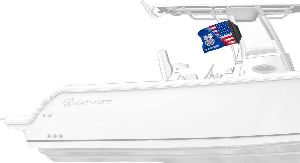USA Coast Guard Forever Wave flag mounted on a boat T-top