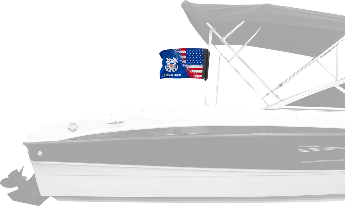 USA Coast Guard Forever Wave flag mounted on a boat bimini top
