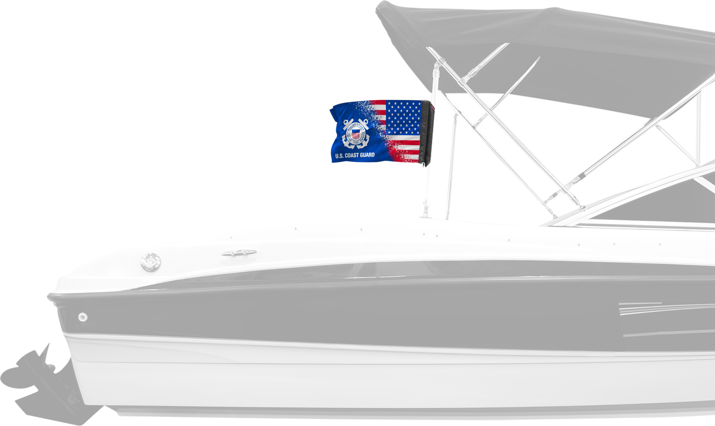 USA Coast Guard Forever Wave flag mounted on a boat bimini top