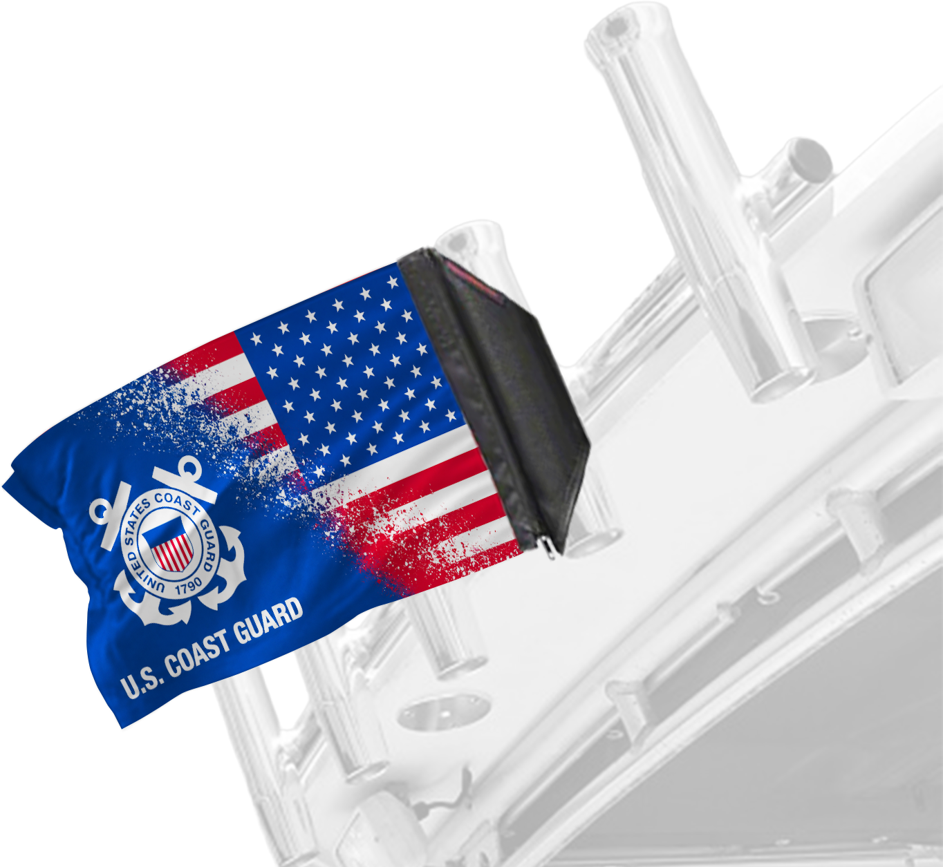 USA Coast Guard Forever Wave flag mounted on a boat rod holder