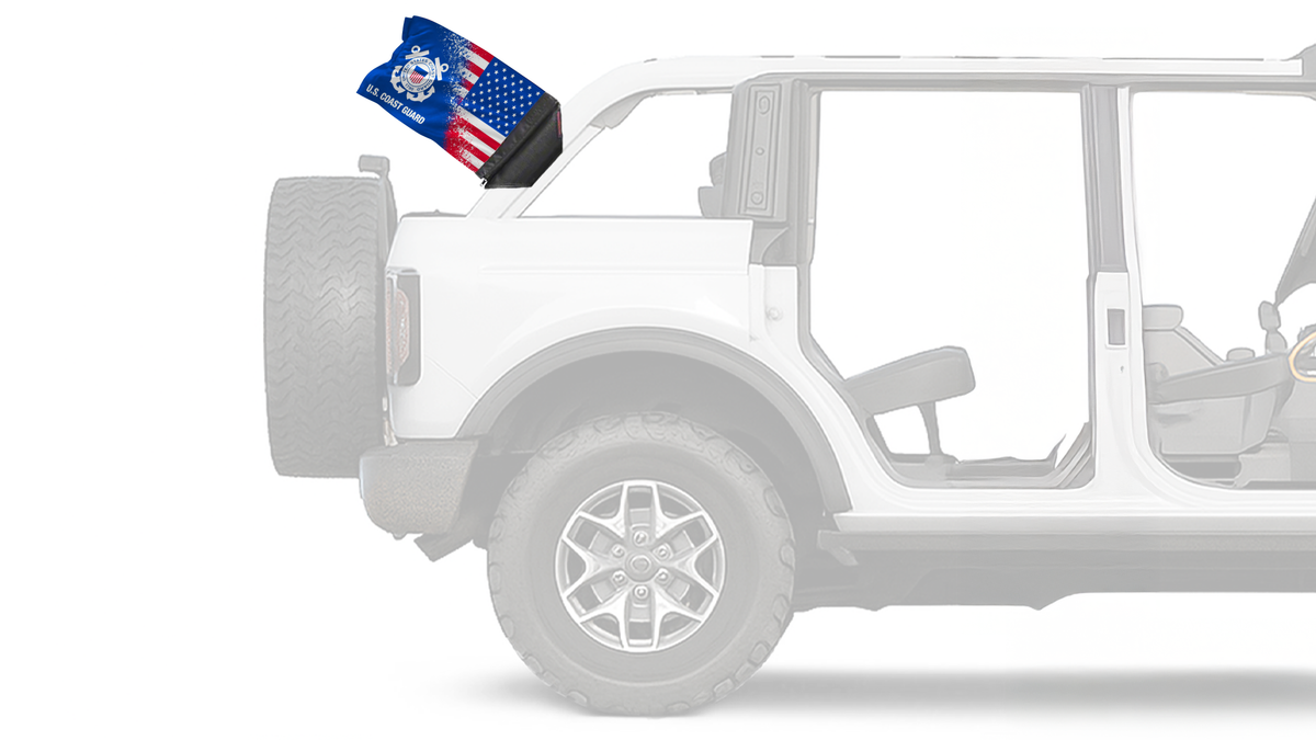 USA Coast Guard Forever Wave flag mounted on a Ford Bronco roll bar