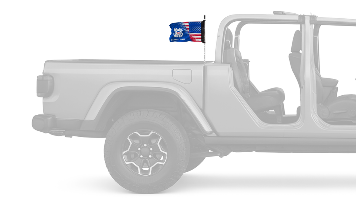 USA Coast Guard Forever Wave flag mounted on a Jeep Gladiator antenna