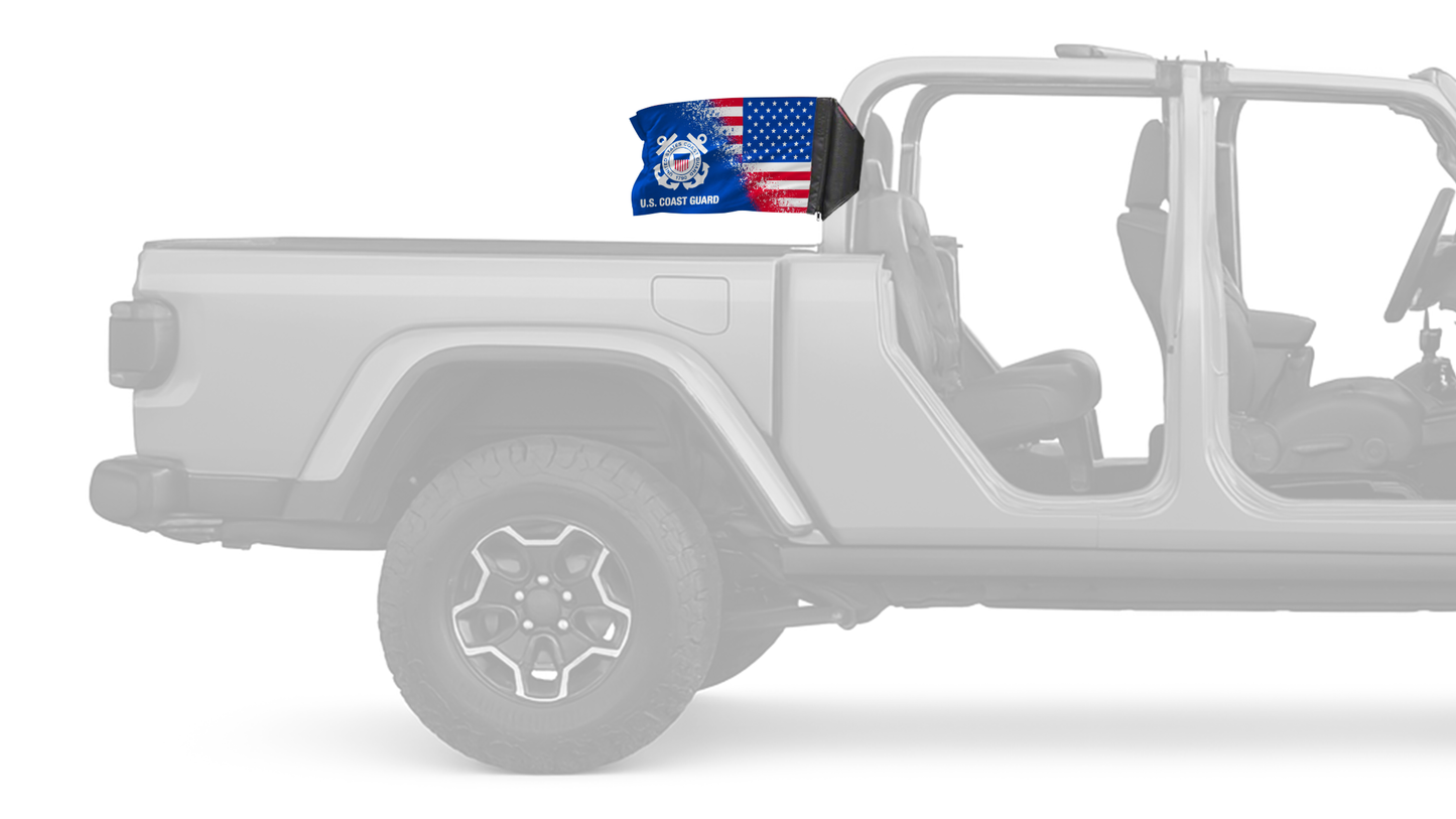 USA Coast Guard Forever Wave flag mounted on a Jeep Gladiator roll bar sleeve