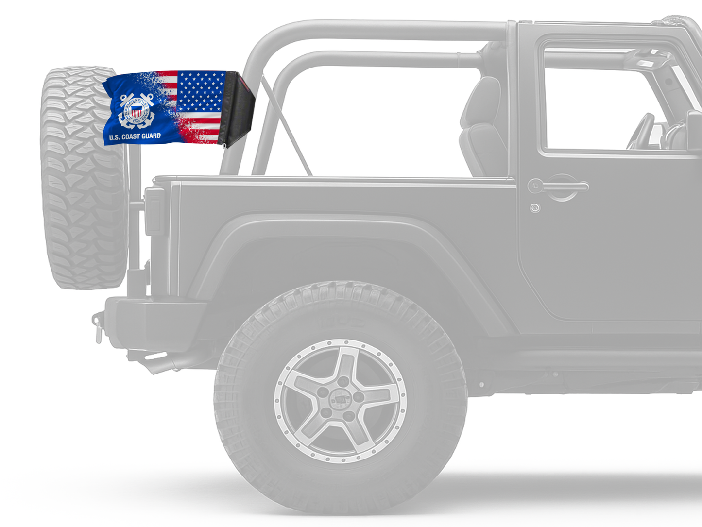 USA Coast Guard Forever Wave flag mounted on an unpadded Jeep roll bar