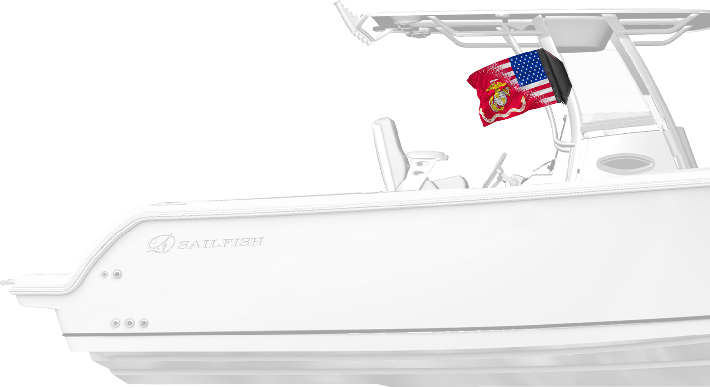 USA Marines Forever Wave flag mounted on a boat T-top
