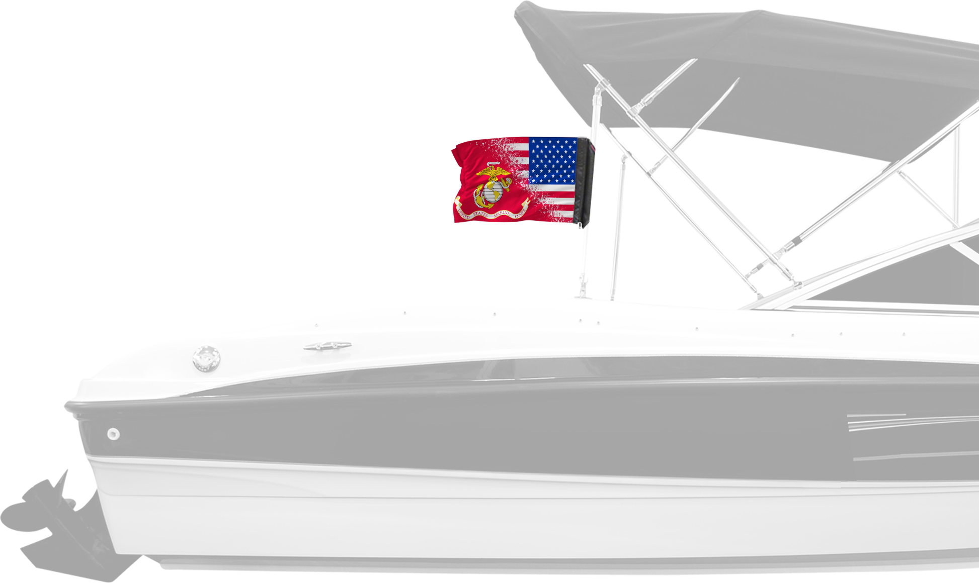 USA Marines Forever Wave flag mounted on a boat bimini top