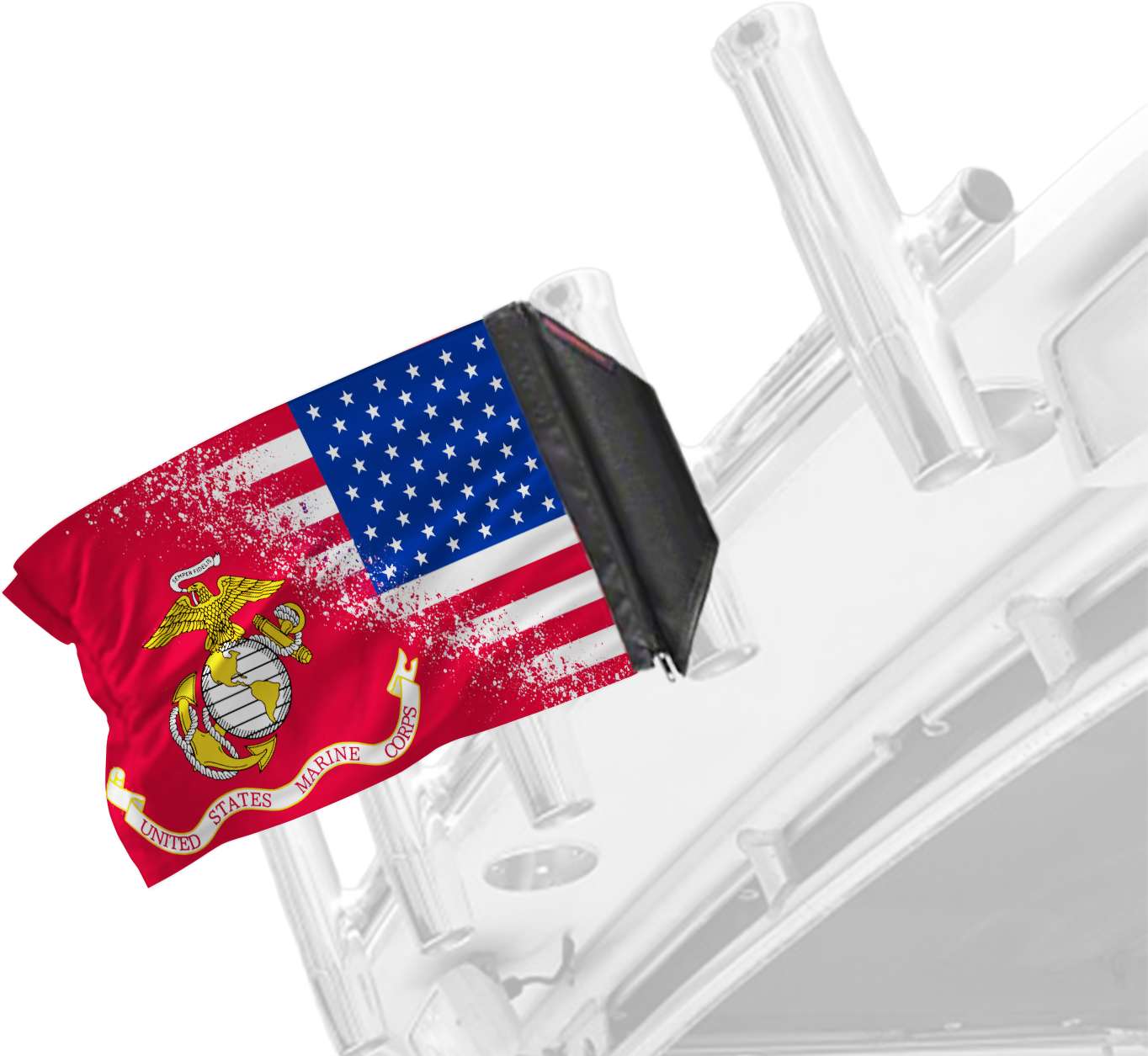 USA Marines Forever Wave flag mounted on a boat rod holder