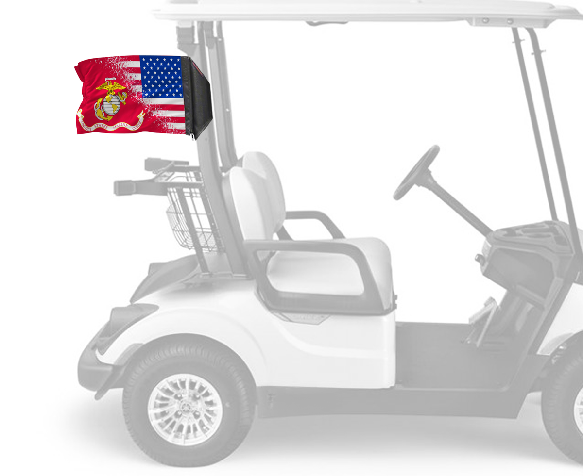 USA Marines Forever Wave flag mounted on a golf cart