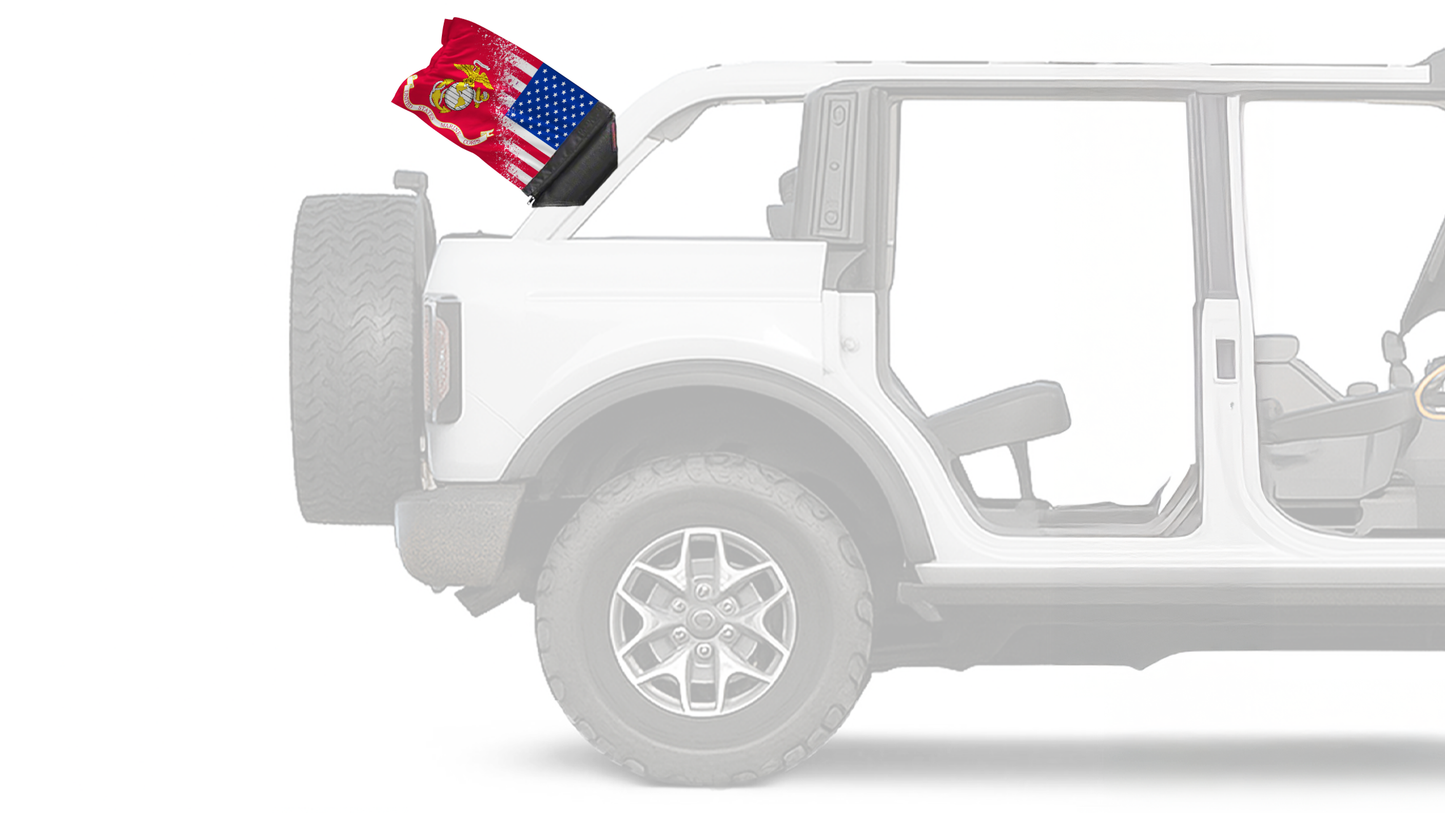 USA Marines Forever Wave flag mounted on a Ford Bronco roll bar