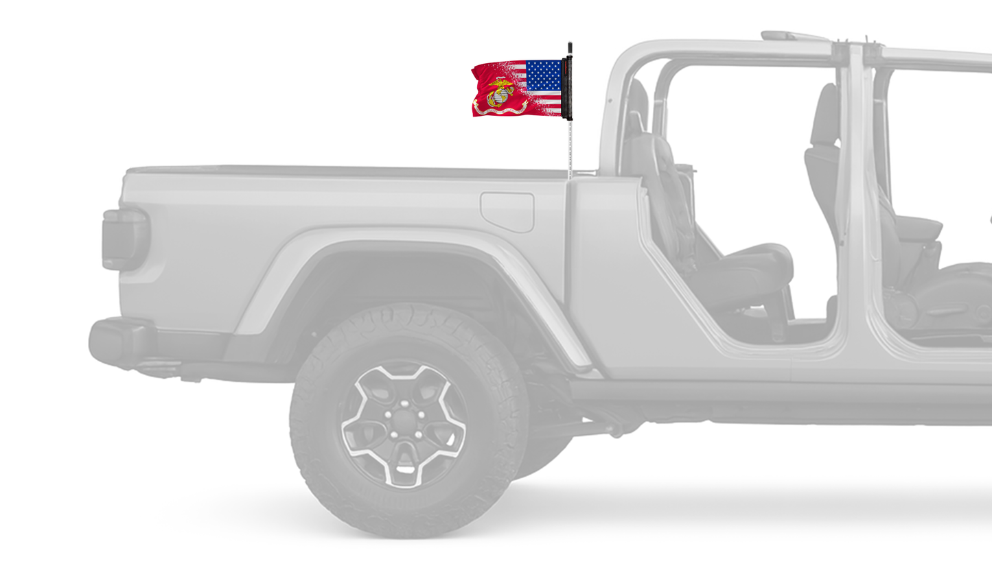 USA Marines Forever Wave flag mounted on a Jeep Gladiator antenna