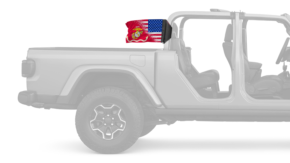 USA Marines Forever Wave flag mounted on a Jeep Gladiator roll bar sleeve