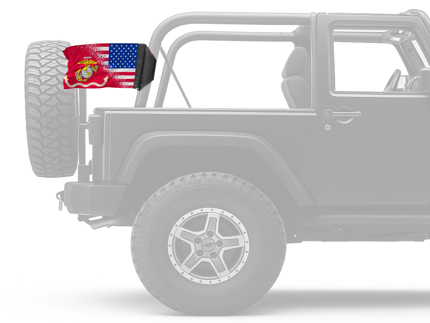 USA Marines Forever Wave flag mounted on an unpadded Jeep roll bar