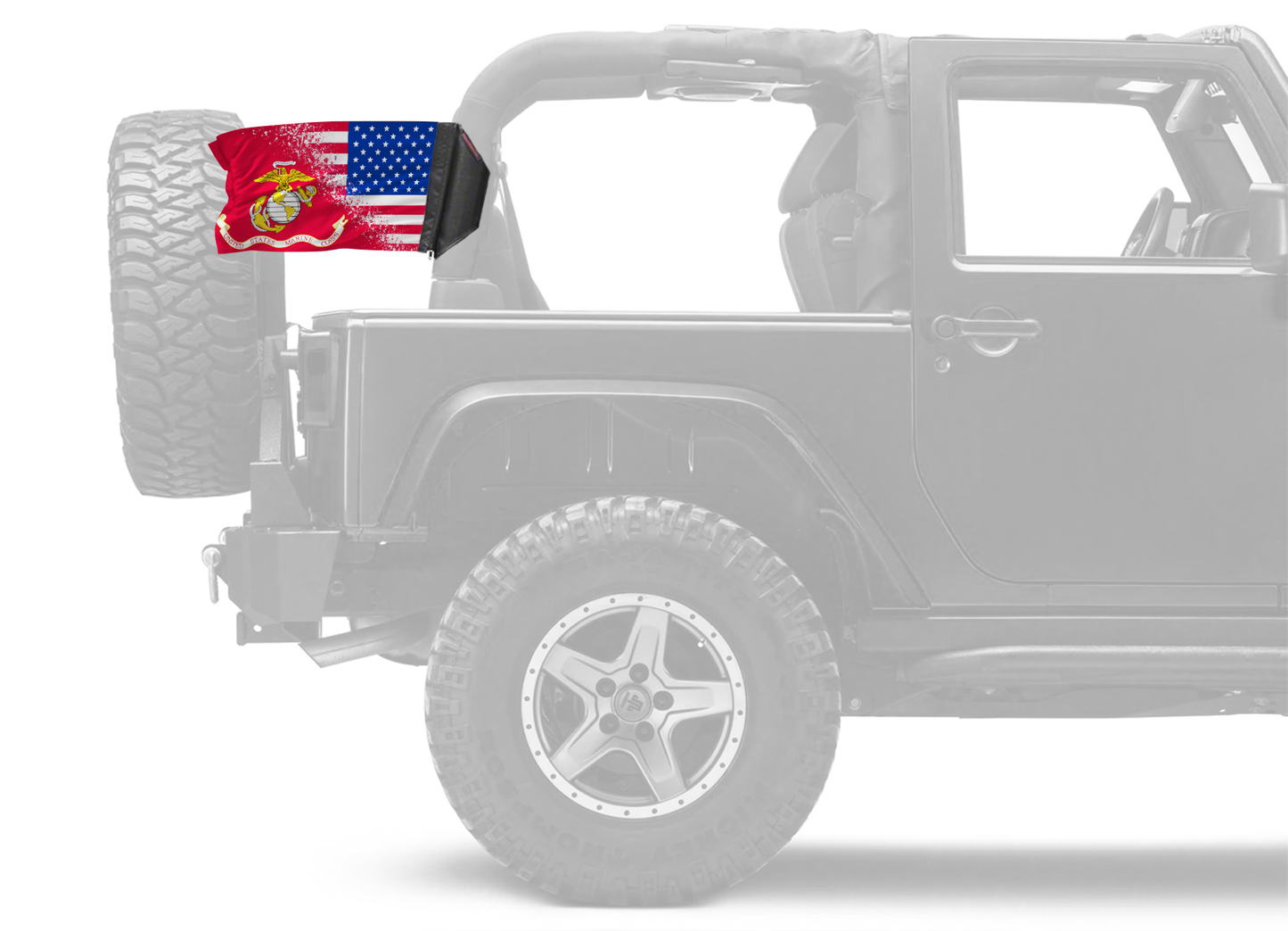 USA Marines Forever Wave flag mounted on a padded Jeep roll bar