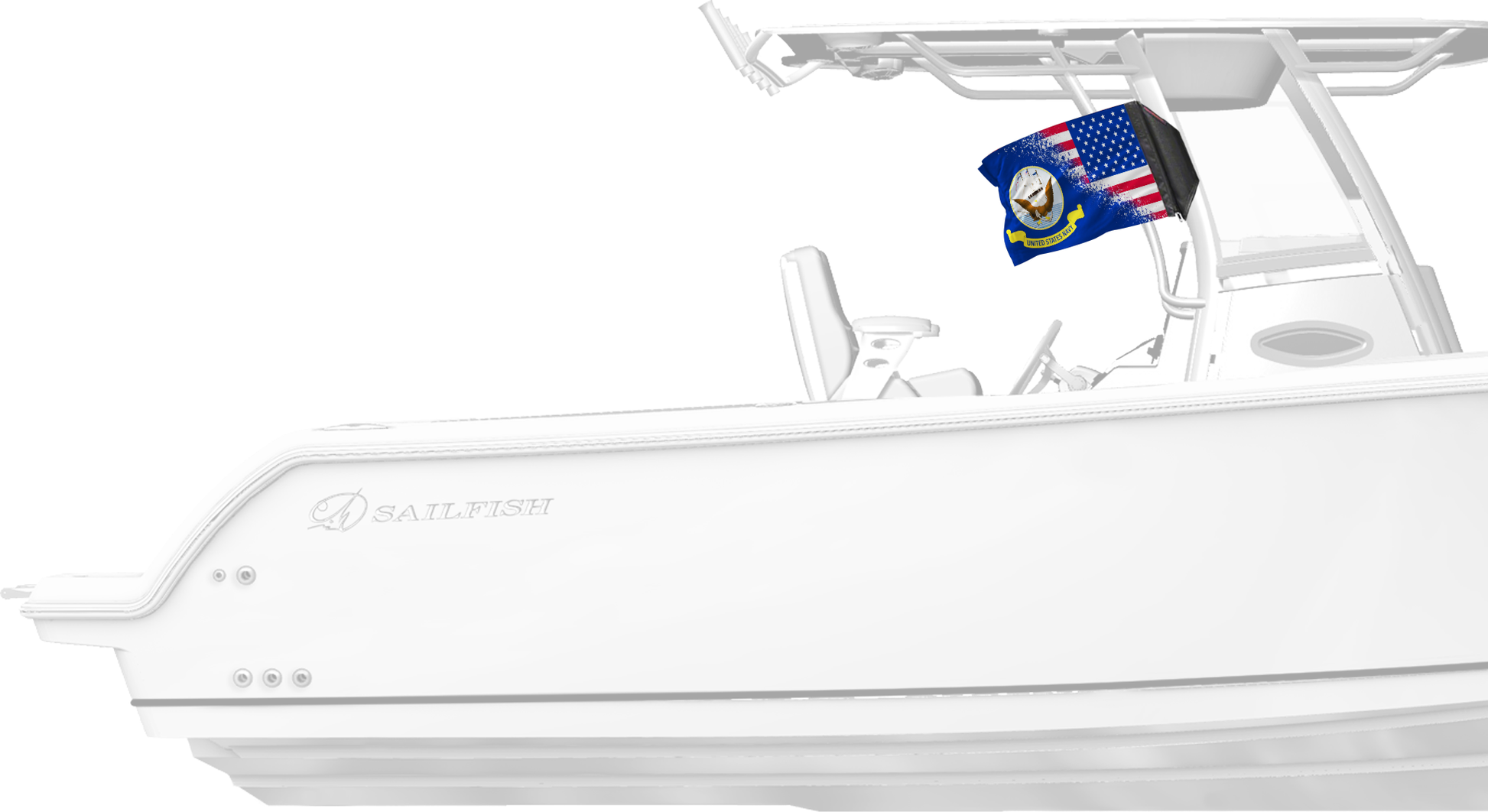 USA Navy Forever Wave flag mounted on a boat T-top