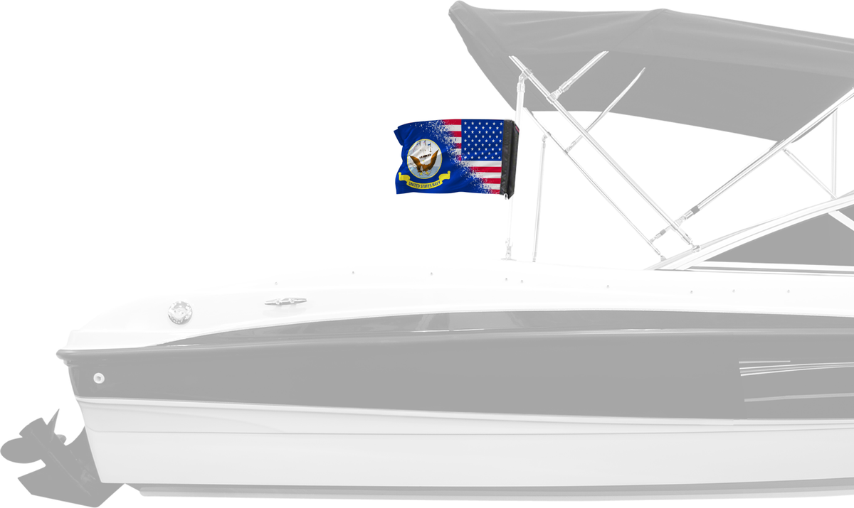 USA Navy Forever Wave flag mounted on a boat bimini top