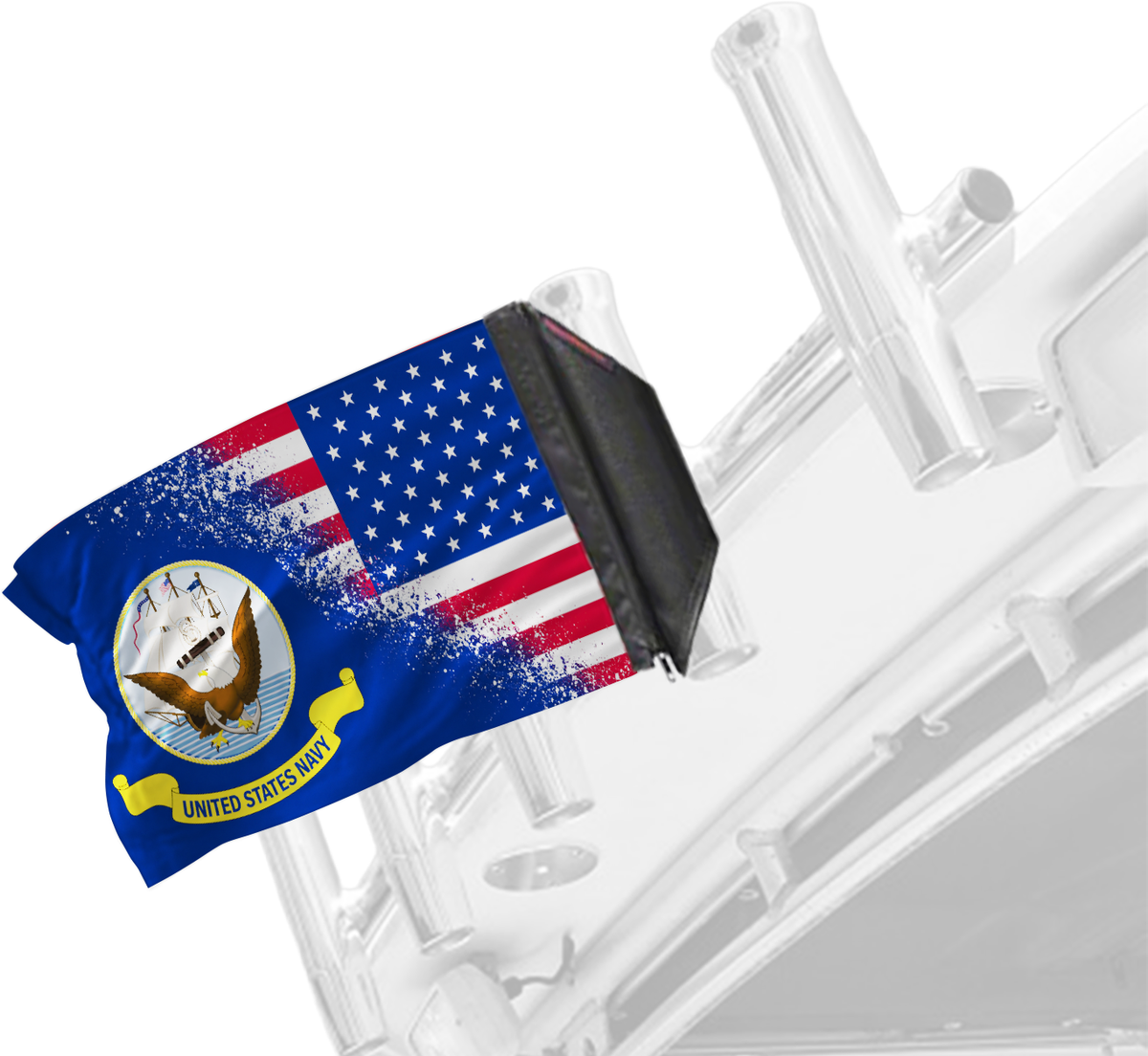 USA Navy Forever Wave flag mounted on a boat rod holder