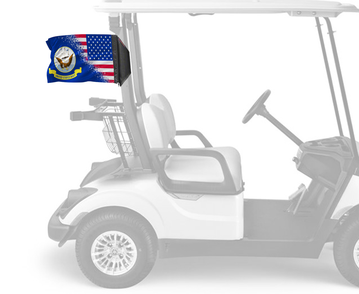 USA Navy Forever Wave flag mounted on a golf cart