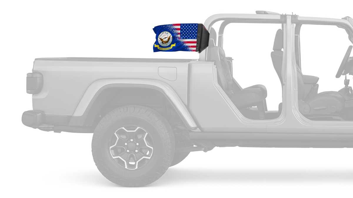 USA Navy Forever Wave flag mounted on a Jeep Gladiator roll bar sleeve