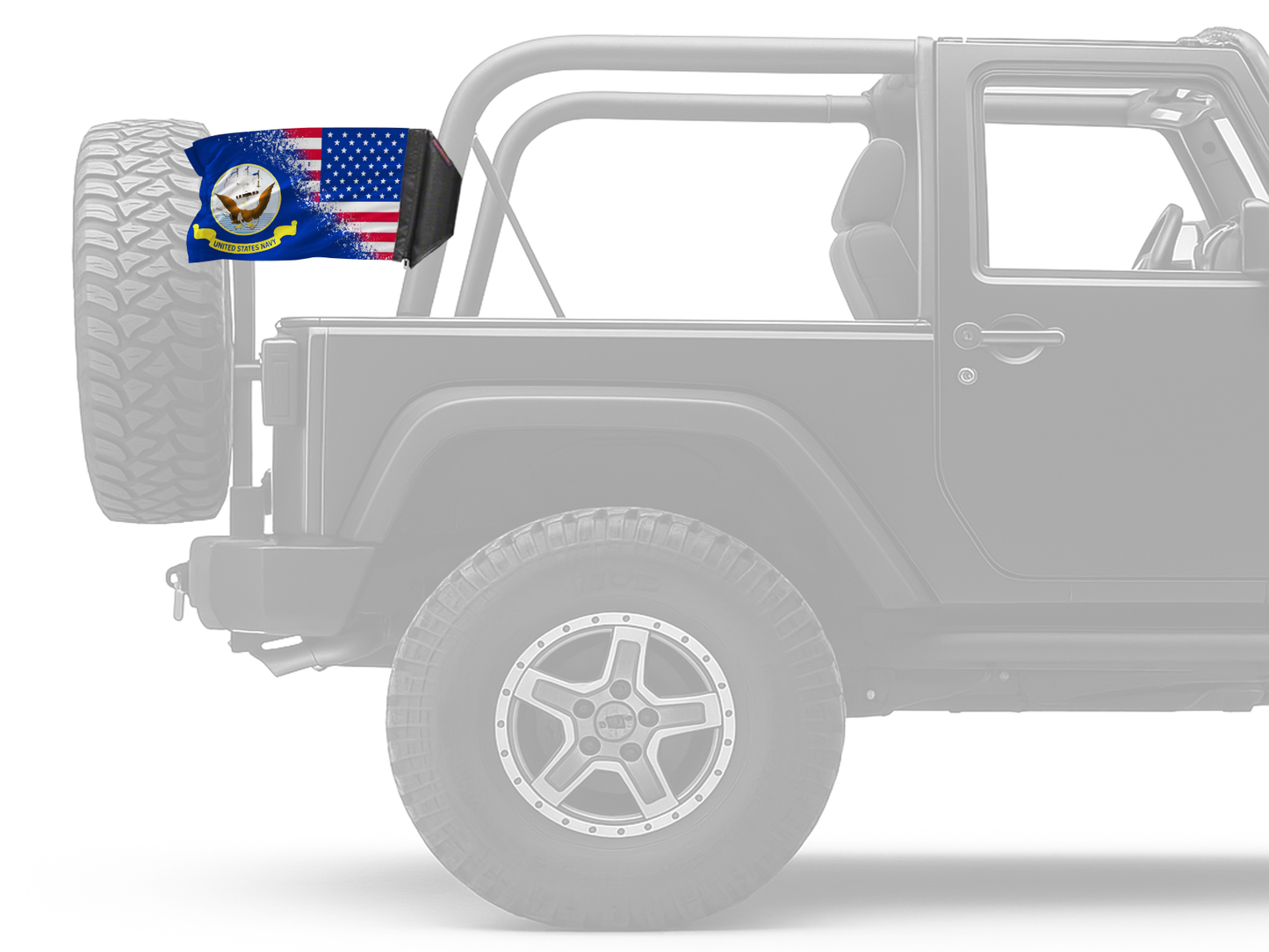 USA Navy Forever Wave flag mounted on an unpadded Jeep roll bar