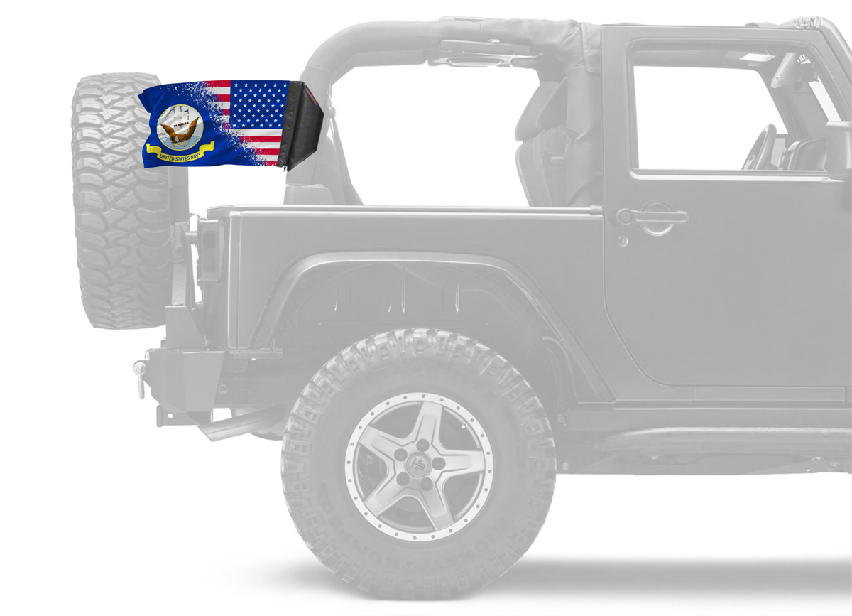 USA Navy Forever Wave flag mounted on a padded Jeep roll bar