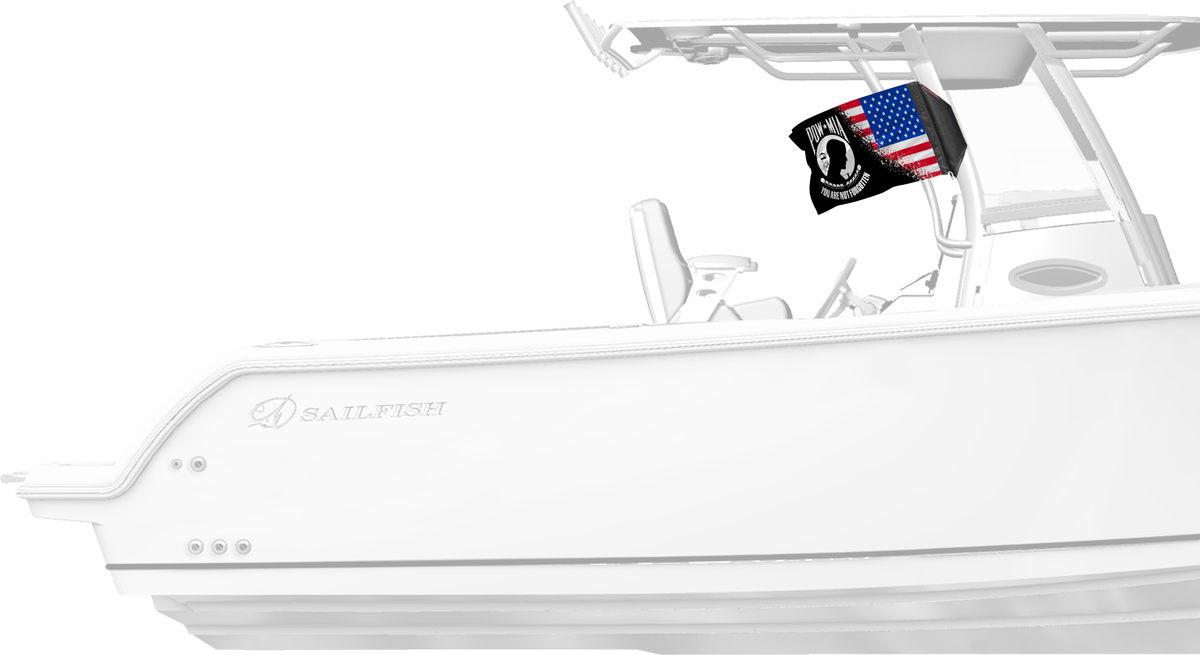 USA POW MIA Forever Wave flag mounted on a boat T-top