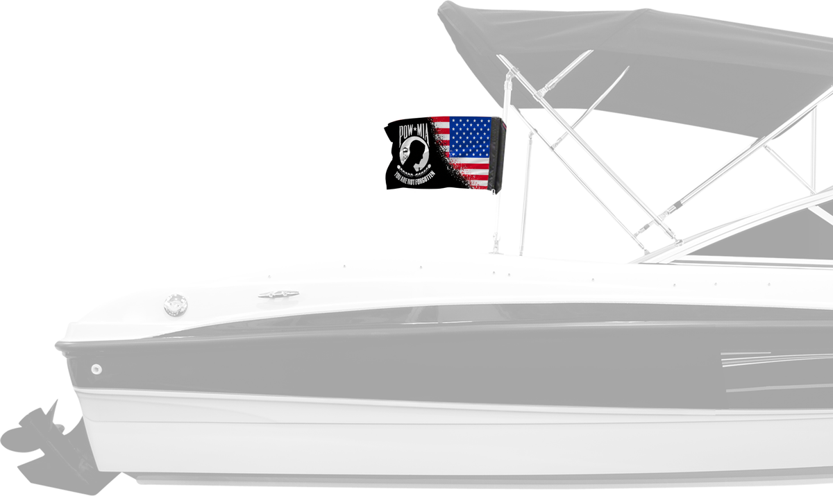 USA POW MIA Forever Wave flag mounted on a boat bimini top