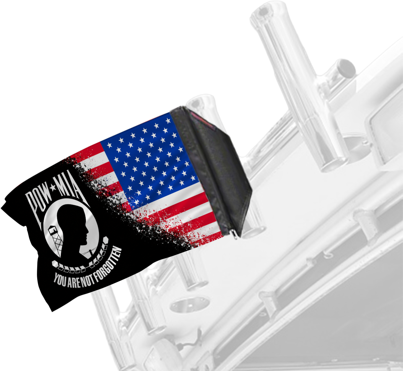 USA POW MIA Forever Wave flag mounted on a boat rod holder